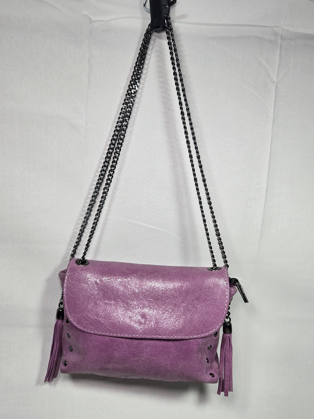 Italian Leather Purple Metallic Crossbody Bag Gunmetal Chain Tassal Fringe Boho